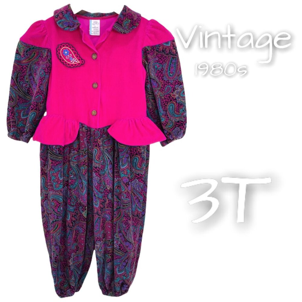 Vintage 80s Girls Epic Corduroy Peplum Jumper Outfit 3T